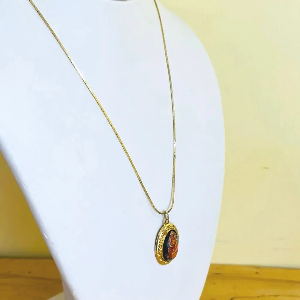 Necklace Pendant Vtg Foil Art Domed Rainbow Flake Victorian Style Ornate - Picture 4 of 12